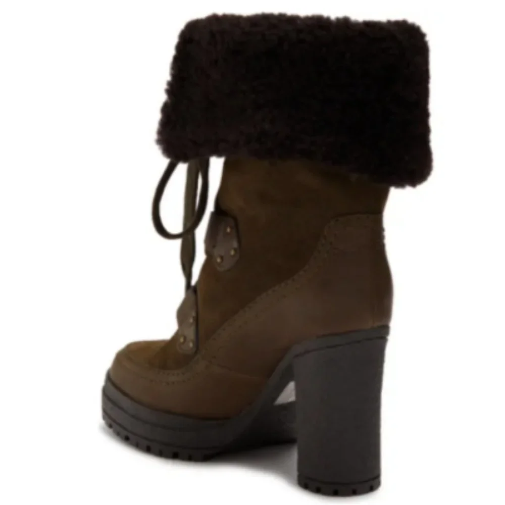 SEE BY CHLOE VERENA PLATFORM GENUINE SHEARLING LINED LACEUP BOOT MSRP $555 SAGE
